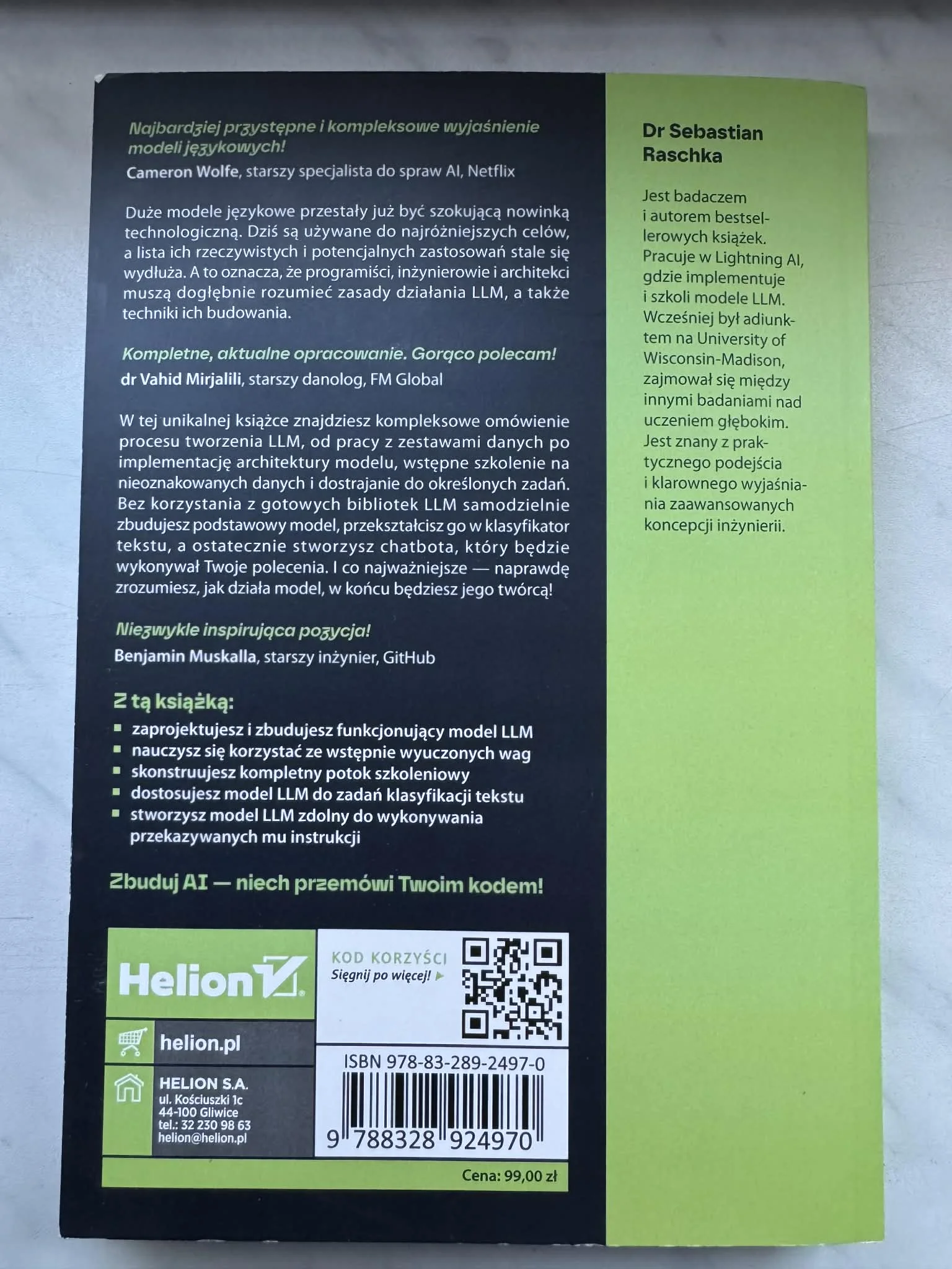 Tył okładki książki Sebastian Raschka - Stwórz własne AI