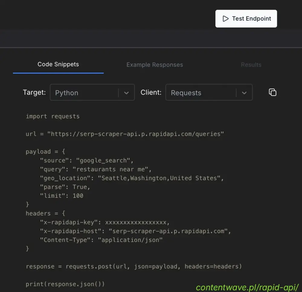 Przykładowy widok testowania endpointu jednego z API w przeglądarce”